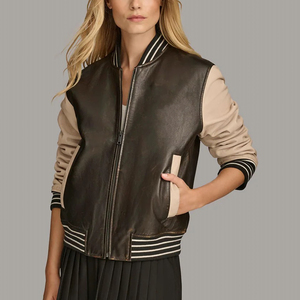 Vente chaude coupe décontractée en cuir pur veste universitaire zippée pour les femmes Streetwear veste universitaire chaude Hip Hop pour femmes - Product Image 3