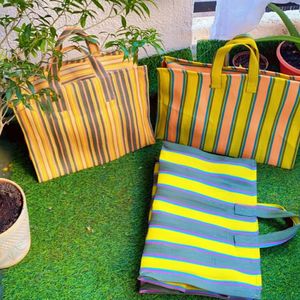 ถุงช้อปปิ้งผ้าไนลอนรีไซเคิลและพลาสติก PP ทอลายทางแบบถักด้วยมือผลิตในตลาดที่เป็นมิตรต่อสิ่งแวดล้อมของอินเดียถุงขายส่ง - Product Image 1