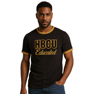 HBCU Educated Men Chenille Contrast Trim Ringer T <b>Shirt</b> Black with <b>Gold</b> Embroidered Letters Soft Cotton Collegiate Apparel - Product Image 1