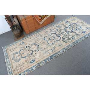 Alfombra Turca Vintage de 3.2x8 pies, Alfombra de Pasillo, Alfombra con Puntos Azules - Product Image 2