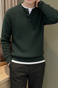 Tendance hommes épais pull tricoté Henley col rond conception extensible doux et luxueux coton tissu hommes pull décontracté - Product Image 3