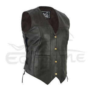 Gilet en cuir pour femmes Gilet en cuir de vachette sans manches col V lacets latéraux et poches multiples Fournisseur OEM personnalisé Gilet de motard pour moto - Product Image 1