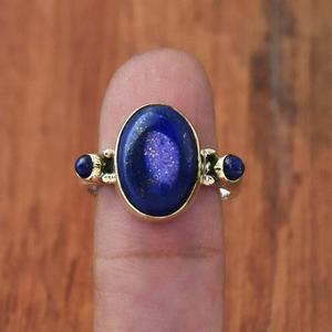 <b>Lapis</b> <b>Lazuli</b> 925 Sterling Silver Handmade Triple Stone Two Tone Statement Birthstone <b>Ring</b> Gift for Her - Product Image 1