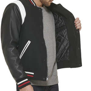 Blouson bombardier classique Letterman à rayures côtelées pour homme Veste à boutons-pression Streetwear athlétique élégante Veste en cuir noir bleu marine - Product Image 4