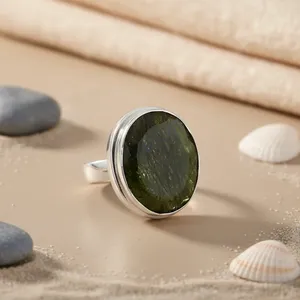 Sterling Silver Gemstone <b>Ring</b> with Natural <b>Green</b> Stone Bezel Setting Minimalist Style Unisex Everyday Wear Engagement - Product Image 3