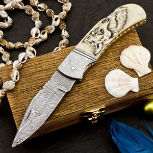 Nuevo cuchillo portátil plegable de acero de Damasco de gran venta con cuchillos con mango de cuerno para acampar cuchillo plegable de Damasco - Product Image 6