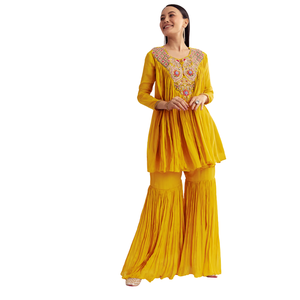 Mostaza Chinon acampanado Kurta con trabajo de hilo Venta al por mayor Mujeres Étnicas OEM Ropa Proveedor de fábrica Ropa de fiesta personalizada Traje - Product Image 2