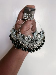 custom made with black <b>beads</b> attached antique finish metal hoop earrings ideal for fashion jewelry stores for resale - Product Image 4