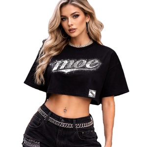 OEM Custom High Quality Black Cotton Rhinestone Boxy Crop Top Drop Shoulder Oversized T Shirt For Women Heavyweight Men's shirts - Product Image 1