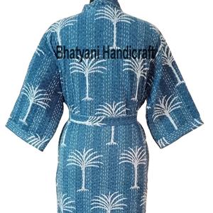 Handmade Cotton Varsity <b>Jacket</b> New Indigo Kantha Quilted Design Winter Wear <b>Kimono</b> Indian Canvas Puffer <b>Jacket</b> Finished Letter - Product Image 1