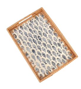 Plateau rectangulaire en rotin artisanal en gros avec incrustation de nacre, plateau de service décoratif tissé naturel, fabriqué au Vietnam - Product Image 2