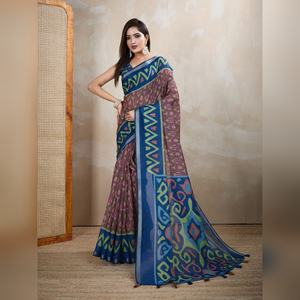 Sari Tradicional Festivo para Bodas, Estampado Ikat Marrón, Chanderi, Ropa Elegante para Mujer, Diseño Indio de Boutique Bollywood, Sari Negro - Product Image 1