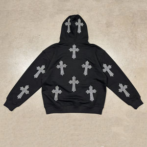 ผู้ผลิตเสื้อฮู้ดดี้ประดับเพชรคุณภาพดีที่สุดแบบ OEM เสื้อฮู้ดดี้ผ้าฝ้ายหวีสีดำประดับเพชรแบบกำหนดเอง เสื้อฮู้ดดี้สตรีทแวร์ผู้ชาย - Product Image 4