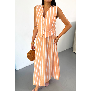 Ensemble veste et jupe longue en lin rayé pour femme en orange - Product Image 5