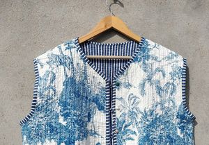 Hecho a mano estilo bohemio mujer azul blanco Vintage chaqueta acolchada abrigo tejido Casual rayas manga Las tuberías para invierno - Product Image 2