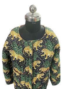 Chaqueta de invierno Bohemia informal acolchada hecha a mano para mujer con tela tejida con estampado de Tigre y abrigo con cierre de gancho lavado - Product Image 5