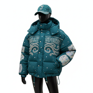 Chaqueta Acolchada de Poliéster para Mujer, Invierno, Diseño de Paneles Acolchados, Color Verde Azulado, Logotipo de Cristal Hotfix, Chaqueta Acolchada para Mujer - Product Image 1