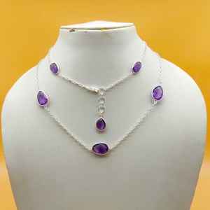 Handmade Dainty Amethyst Gemstone <b>Necklace</b> with Faceted 925 <b>Sterling</b> <b>Silver</b> Long Rope Chain - Product Image 1