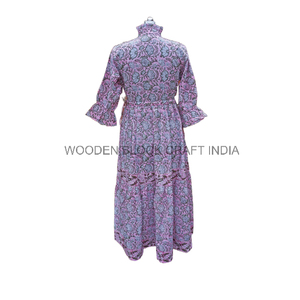 Robe longue trapèze faite main vintage 100 % coton respirant écologique séchage rapide col montant imprimé naturel pour soirée formelle - Product Image 5