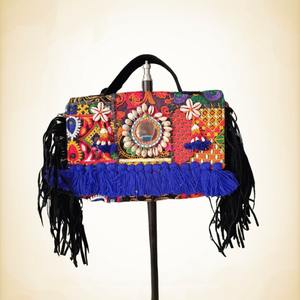 Sac tribal fait à la main miroir et coquille ethnique style bohème coton épaule fourre-tout sac à main accessoire polyvalent - Product Image 1