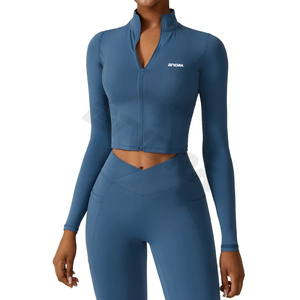 Chaqueta deportiva ajustada con cremallera frontal para mujer, con mangas largas, tejido elástico suave, top de entrenamiento activo con orificios para los pulgares - Product Image 1