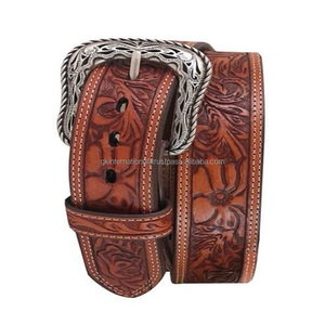 Cinturón de herramientas de cuero occidental para hombre en relieve con patrón floral elegante con hebilla de PIN de latón plateado antiguo de diseñador - Product Image 2