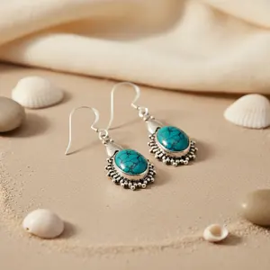 Boucles d'oreilles pendantes vintage en argent sterling 925 avec turquoise, perle d'eau douce en or 18 carats, pendentif pour femme, bijoux à gouttes - Product Image 2