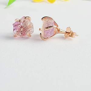 5-7mm Raw Ametrine Stone Rose Gold Plated Prong Set <b>Stud</b> <b>Earrings</b> Handmade Dainty Minimalist Crystal Jewelry for Women - Product Image 4