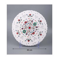 Assiette décorative artisanale de qualité supérieure en marbre italien blanc antique avec motif floral et incrustation de pierre Jali – Cadeau élégant pour la maison