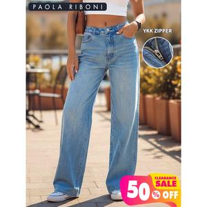 Paola Riboni - Jeans de mezclilla de cintura alta y pierna ancha para mujer, corte holgado, largo completo, lavado medio, algodón, estilo casual, estilo primavera - Product Image 2