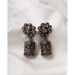 925 <b>Silver</b> Drop and Hoop <b>Earrings</b> Oxidised Floral Jhumka with Gold Plating and Pearl Diamond Star for <b>Weddings</b> - Product Image 1