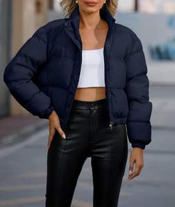 Chaqueta acolchada recortada para mujer, abrigo corto acolchado con cremallera de invierno, prendas de vestir, chaqueta acolchada corta a la moda, cuello vuelto, sólido - Product Image 6