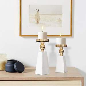 Elegant <b>Gold</b> Aluminum Candle Holders with White Marble Base Set of 2 Modern Design Ideal for Home Wedding and Hotel Decor - Product Image 1