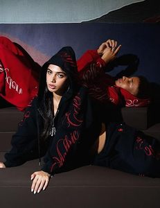 <b>Black</b> Hooded Sweatshirt Sweatpants Set Red Embroidered Logo Casual Breathable Winter Tracksuit for Adults Polyester Silk Screen - Product Image 4
