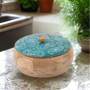 Couvercle imprimé Paisley vert fait à la main en bois de mangue boîte à chapati ronde boîte de magasin chauffe-casserole cuisine décor à la maison ronde Roti Dabba - Product Image 2