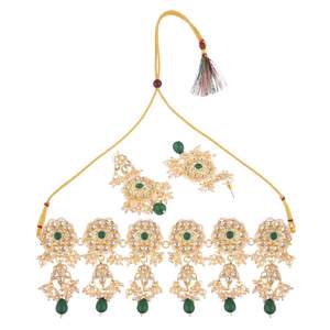 Crystal Kundan Faux Pearl <b>Choker</b> <b>Necklace</b> Earring Set Bridal Jewellery Manufactures Wholesale <b>for</b> <b>Women</b>, Green - Product Image 5