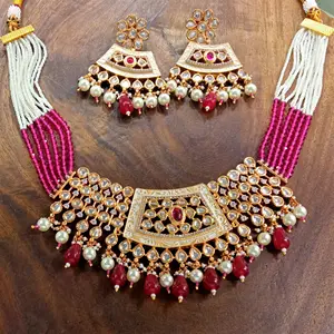 Fasion Jewellery KUNDAN NECKLACE SET - DRUZY - NECKLACE SET - D009000192 Dubai Gold Plated Earrings And Pendant J