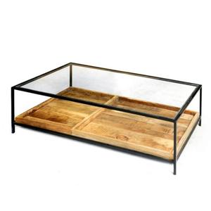 Table basse de salon moderne personnalisée, cadre en fer noir avec plateau en verre et base en bois, meubles décoratifs pour la maison - Product Image 1