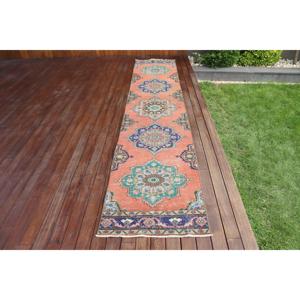 2,4x12,7 ft Vintage Rug, Turkish <b>Runner</b> Rug, <b>Red</b> Blue Animal Print Rug - Product Image 1