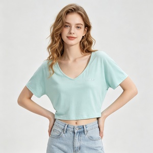 T-shirt court décontracté pour femme, col en <span class=keywords><strong>V</strong></span> oversize, en modal doux et respirant, à manches courtes, basique pour le quotidien - Product Image 3
