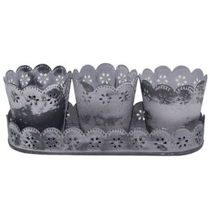 Plateau ovale en métal de conception classique avec 3 pots de bougie en pierre gris foncé votifs pour la décoration de salon et de jardin faite à la main en vrac - Product Image 3