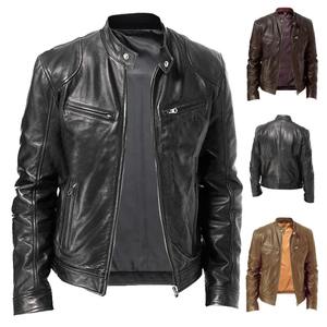 Printemps hommes col montant mince pleine fleur veste en cuir poche à glissière PU manteau motard hommes vêtements décontracté mâle de qualité supérieure - Product Image 3