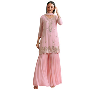 All'ingrosso Baby Pink Georgette Kurta Sharara vestito con Organza Dupatta Moti lavoro per la festa di nozze e su ordinazione di ordini etnici - Product Image 1