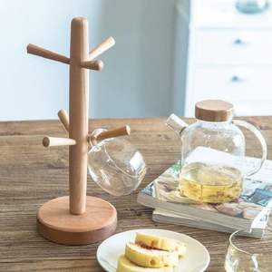 Wooden Mug Tree Stand Coffee Cup Holder Beech Wood Kitchen Organizer Rack Tabletop <b>Storage</b> Display Drying Hook Hanging Home Cafe - Product Image 1