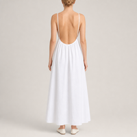 Robe longue blanche en coton pour femme, bretelles spaghetti, col en V, dos nu, poches latérales, été