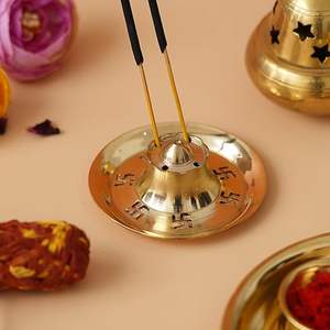Premium Quality India Brass <b>Incense</b> Sticks Holder Agarbatti Stand with Ash Catcher 4 Inch Gold (Round) - Product Image 3