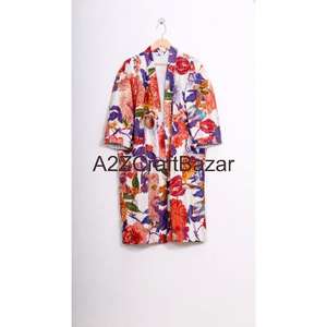 Robe de chambre vintage de luxe pour femmes, en coton 100%, tissée à la main, à fleurs, col en V, cordon de serrage, trois quarts de longueur, douce, respirante, séchage rapide - Product Image 3