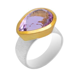 Eternity 925 Anillo de plata Hermoso acabado mate Dos tonos Chapado en oro vermeil Amatista natural Pera Diamante facetado al por mayor - Product Image 1