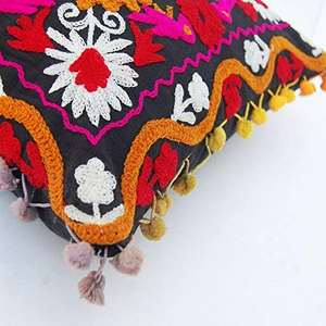 Suzani <b>Cushion</b> Decorative Embroidered <b>Covers</b> <b>Indian</b> <b>Cushion</b> Embroidered <b>Cover</b> <b>Indian</b> Handcrafted Pom Pom <b>Cushion</b> <b>Cover</b> - Product Image 5