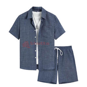 Conjuntos de pantalones cortos informales transpirables de algodón de verano de alta calidad para hombres, camiseta de manga estampada, pantalones cortos sólidos de talla grande, ropa al por mayor - Product Image 1